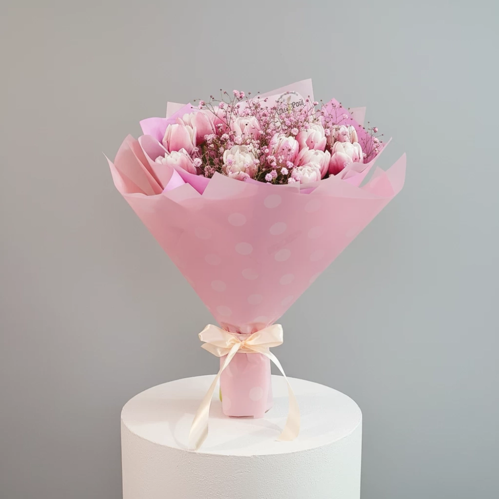 Букет с тюльпанами и розовой гипсофилой в упаковке.