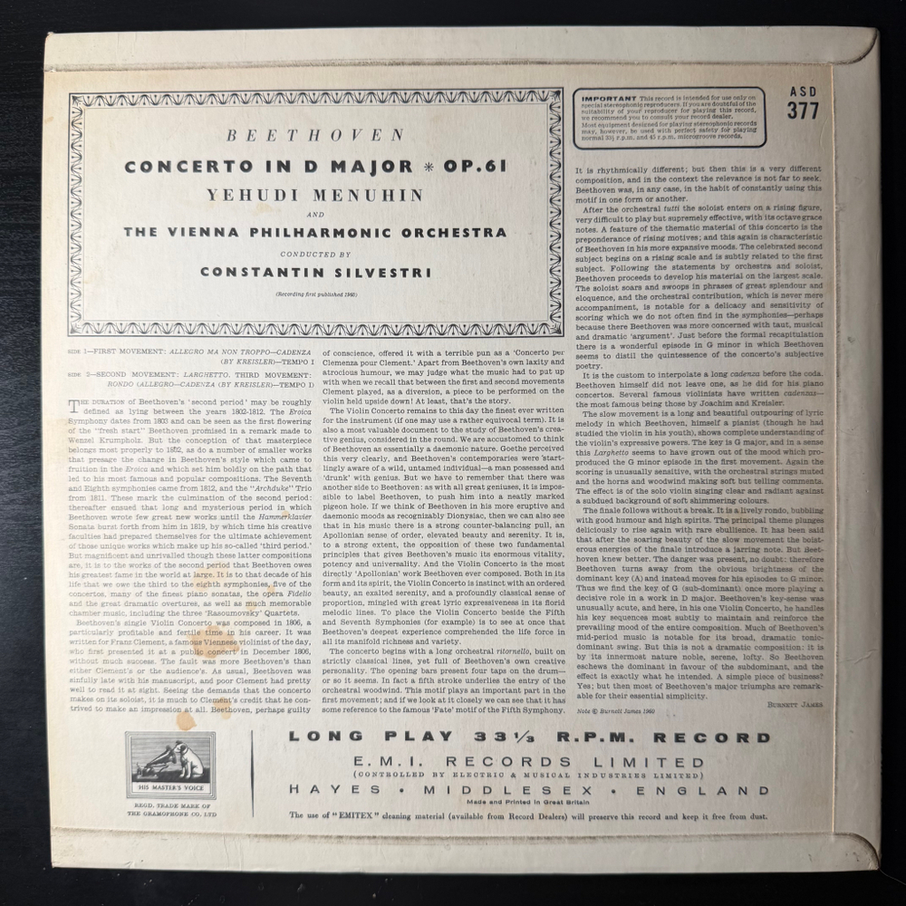 Бетховен - Концерт для скрипки с оркестром (Англия 1960г.)