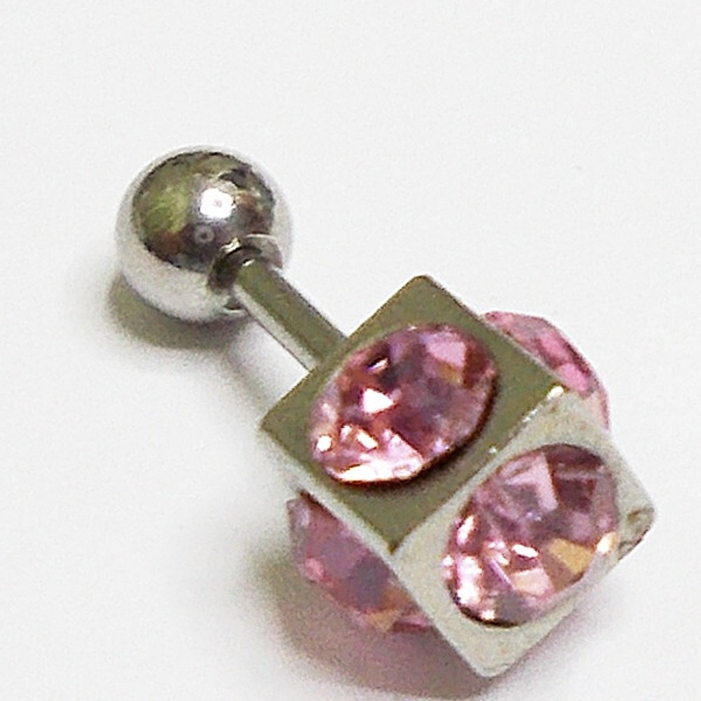 Микроштанга 8 мм для пирсинга ушей "Кубик". Медицинская сталь, розовые кристаллы. 1 шт
