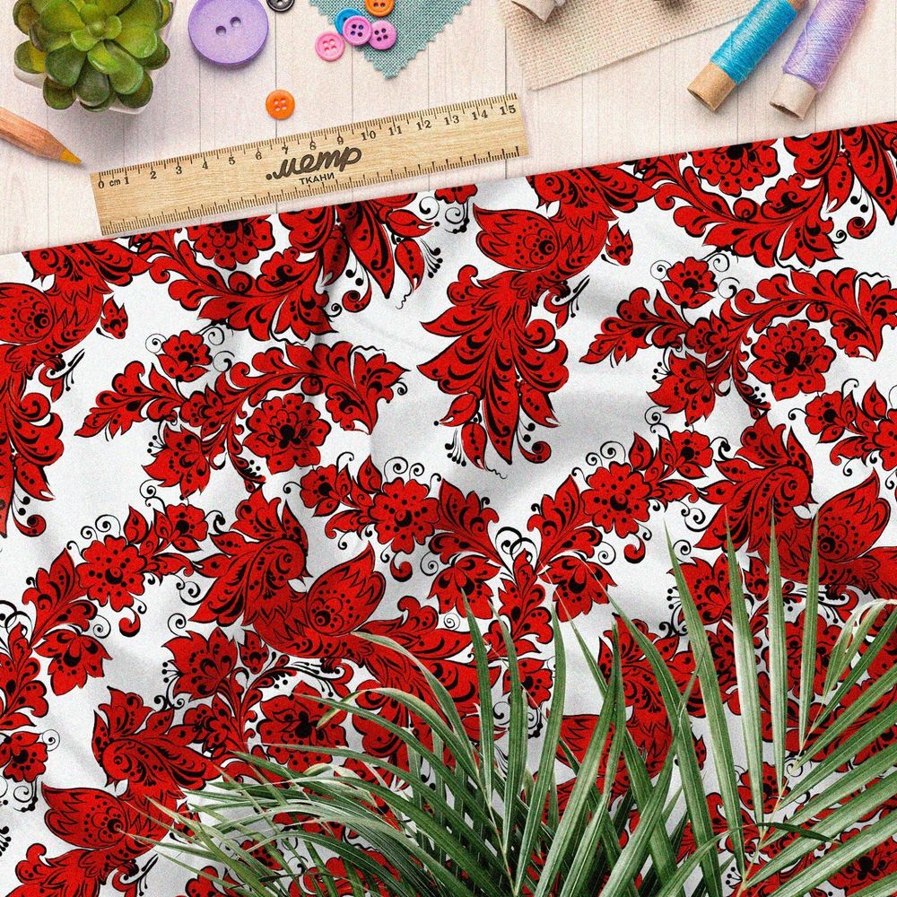 Ткань интерлок красная хохлома по новому