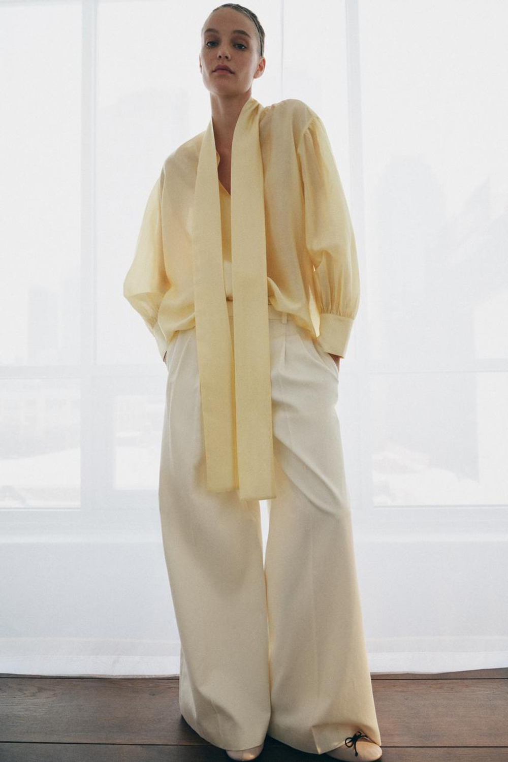 ZARA АТЛАСНАЯ РУБАШКА С ПЛАТКОМ — ZW COLLECTION, ЯИЧНО-ЖЕЛТЫЙ