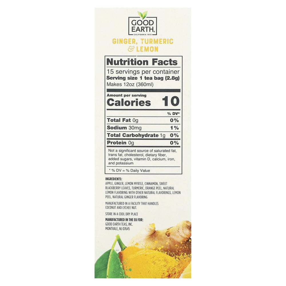 Good Earth Teas, Sensorial Blends, Herbal Tea, Ginger, Turmeric & Lemon, 15 Biodegradable Teabags, 1.48 oz (42 g)
