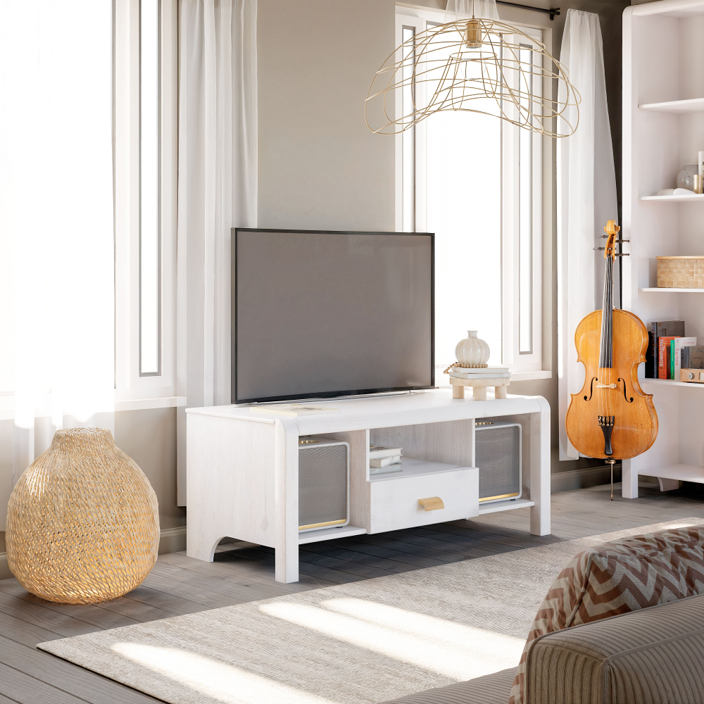 Тумба под телевизор 120х49х58 Мадейра из массива сосны с ящиком, на ножках, белая