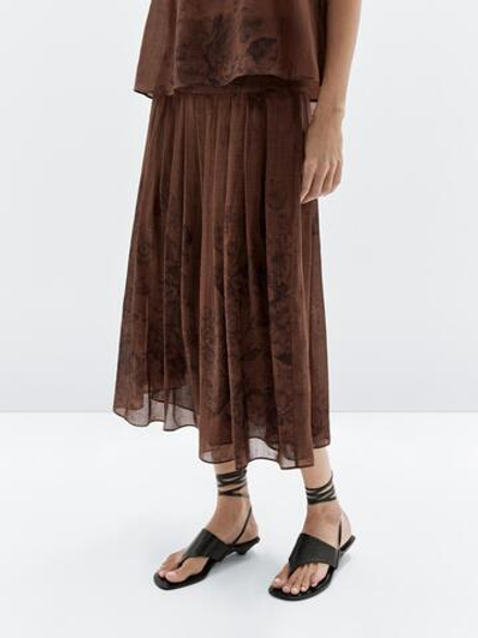 Massimo Dutti Юбка миди А-силуэта с цветочным принтом, шоколадный