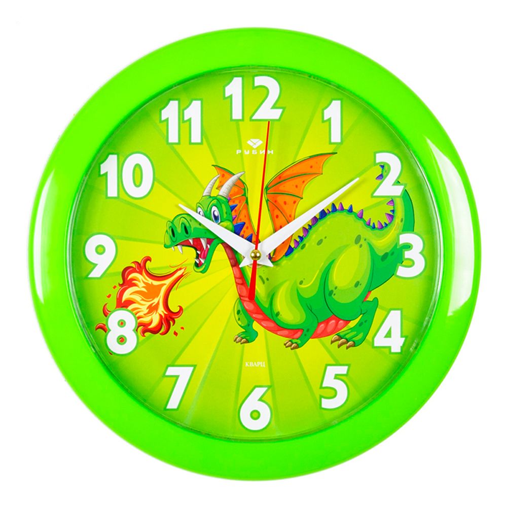 Часы 21 Bek настенные  2323-108 круг d=23см,корпус зеленый &quot;Огнедышащий динозавр&quot; Рубин