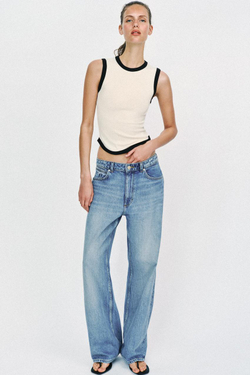 ZARA ФУТБОЛКА С КОНТРАСТНЫМИ ПОЛОСАМИ, ЖЕЛТОВАТО-БЕЛЫЙ