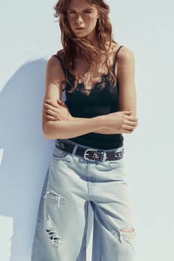 ZARA ТОП В РУБЧИК С КРУЖЕВОМ, ЧЕРНЫЙ