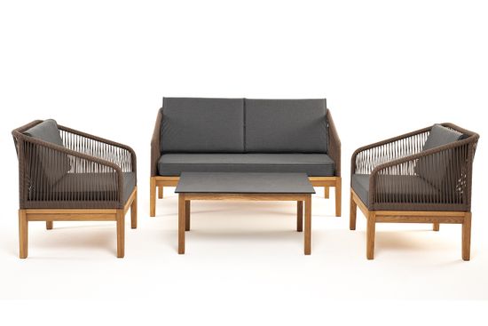 "Канны" лаунж-зона 4-местная из роупа со столиком "Канны" (серый гранит), основание дуб, роуп коричневый