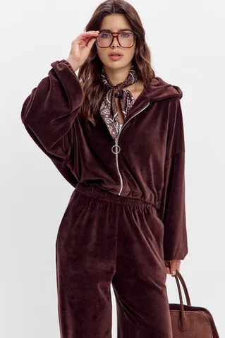 Худи на молнии из велюровой ткани шоколадного цвета
