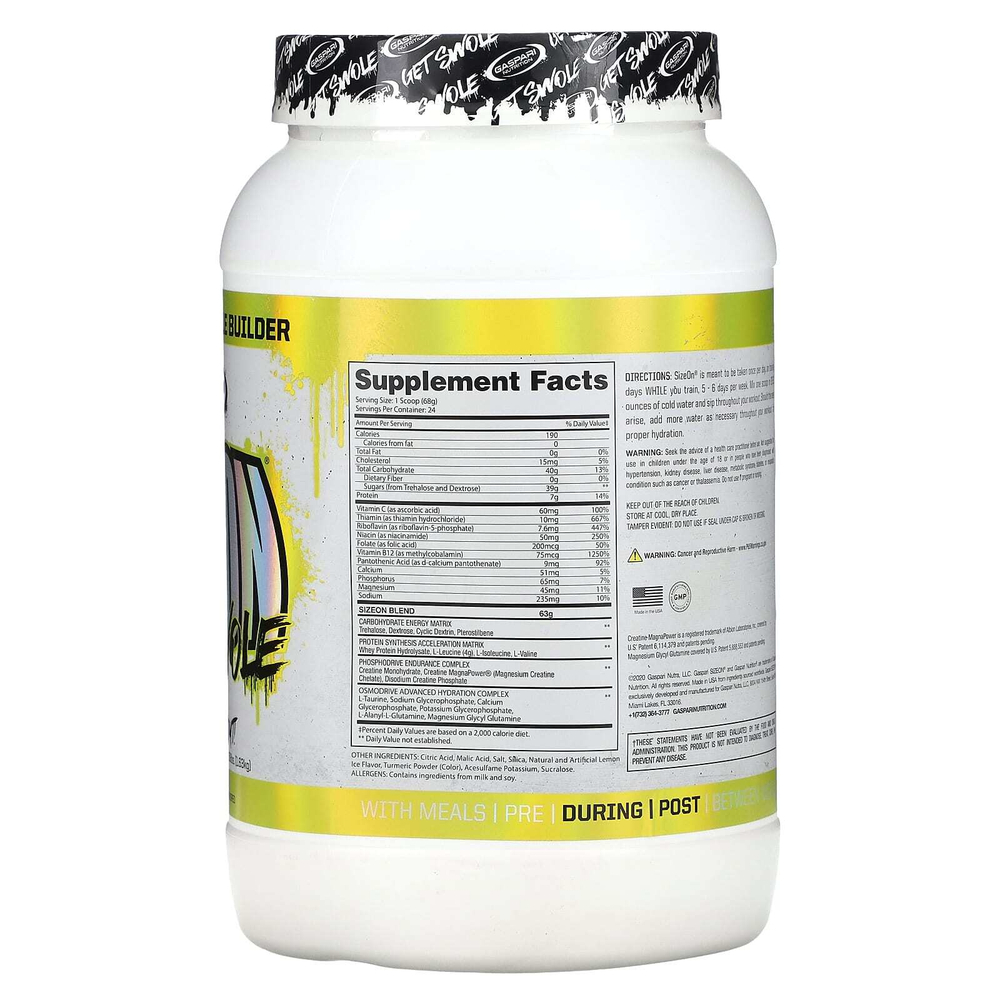 Gaspari Nutrition, SizeOn, универсальное средство для наращивания мышечной массы, со вкусом лимонного мороженого, 1,63 кг (3,59 фунта)