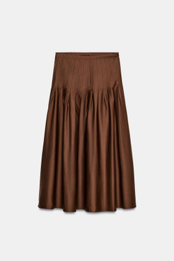 ZARA ЮБКА МИДИ СО СКЛАДКАМИ, ТЕМНО-КОРИЧНЕВЫЙ