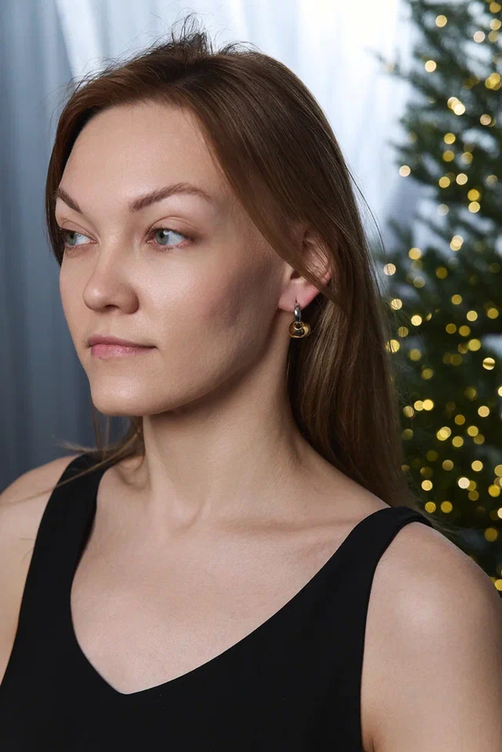 Серьги серебряные полукольца с золотыми шарами