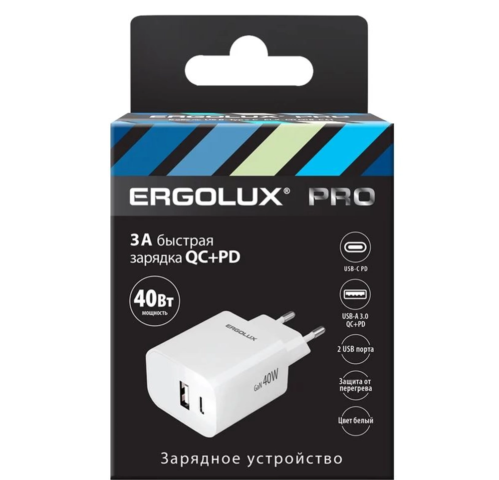 Устройство зарядное сетевое 3А USB+Type C без кабеля белый ERGOLUX