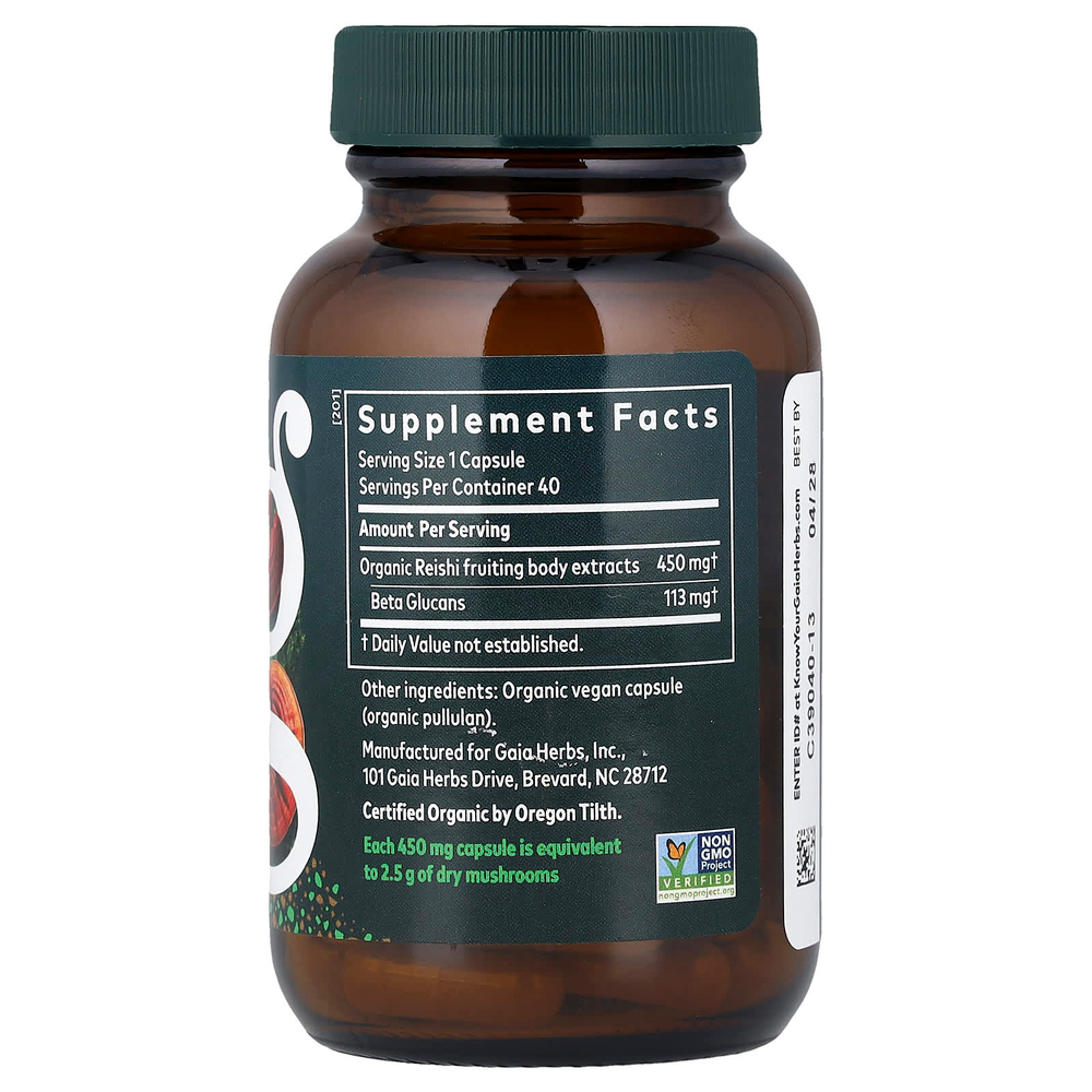 Gaia Herbs, Гриб рейши, 40 веганских капсул