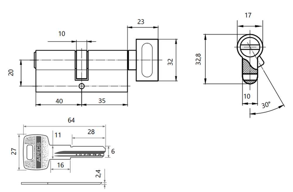 Цилиндровый механизм Apecs SM-75(35С/40)-C-NI