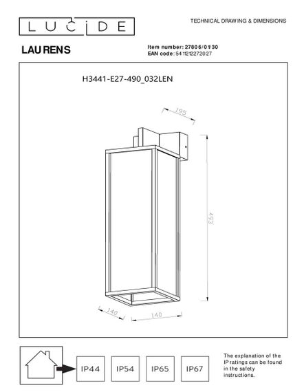 Уличный настенный светильник Lucide Laurens 27806/01/30