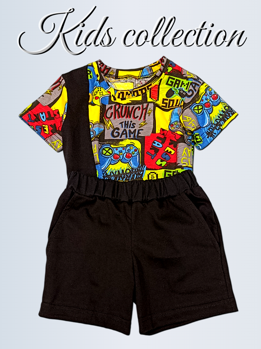 10505 Комплект детский шорты с футболкой черный/джойстики (60-110/116)