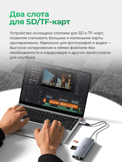 Type-C хаб 10 в 1 VegGieg | HDMI 4K, USB 3.0/2.0, PD 100W, RJ45, SD/TF | Без драйверов | Алюминиевый корпус