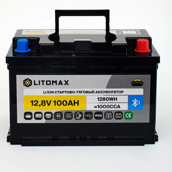 LITOMAX стартово/тяговый LiFePO4 аккумулятор 12V 100Ah 1280Wh 1000CCA IP68, Bluetooth