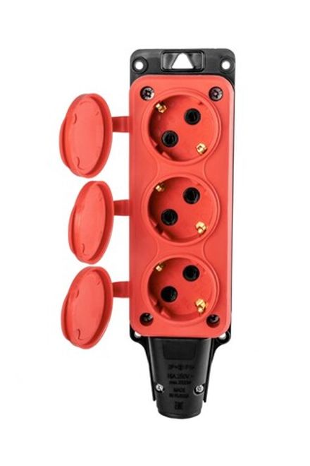Розетка (колодка) трехместная DYNEL с крышками с/з каучук 2P+PE 230V 16А IP54 Оранжевая (1/7)