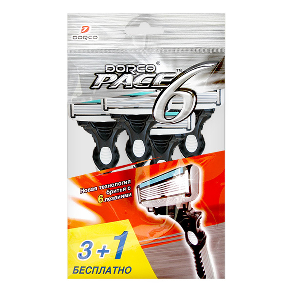 Dorco Бритвенный одноразовый станок PACE6, 4шт. (3+1 в ПОДАРОК!), плавующая головка с 6 лезвиями и у