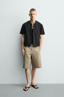 ZARA ШОРТЫ RELAXED FIT ИЗ ХЛОПКА И ЛЬНА, РЫЖЕВАТО-КОРИЧНЕВЫЙ