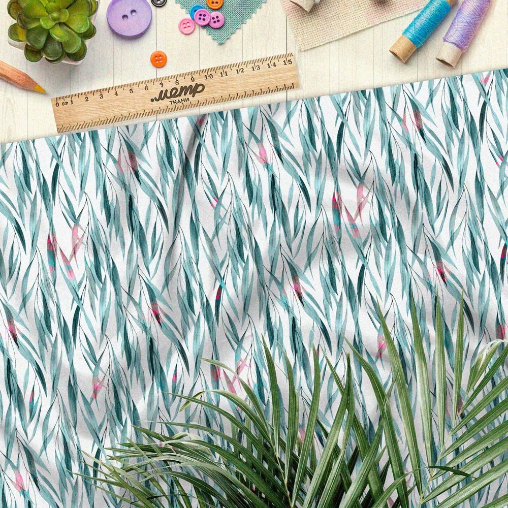 Ткань барби плотные синеватые листья ивы на белом фоне