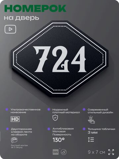 Номерок на дверь квартиры 724, для кабинета, офиса, шильдик 9 х 7 см, черный, Айдентика Технолоджи