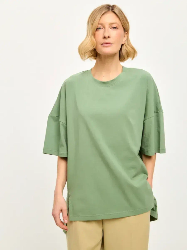 Футболка удлиненная с разрезами оверсайз оливковый