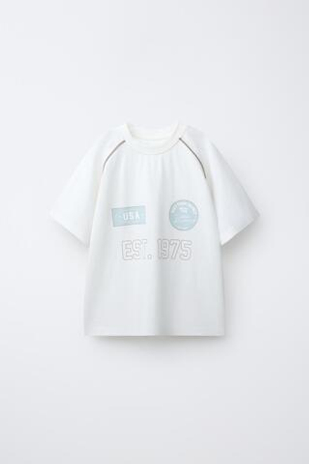 ZARA ФУТБОЛКА С РУКАВАМИ РЕГЛАН И НАДПИСЬЮ, БЕЛЫЙ