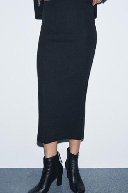 ZARA ЮБКА МИДИ ИЗ МЯГКОЙ ТКАНИ, ЧЕРНЫЙ МЕЛАНЖ