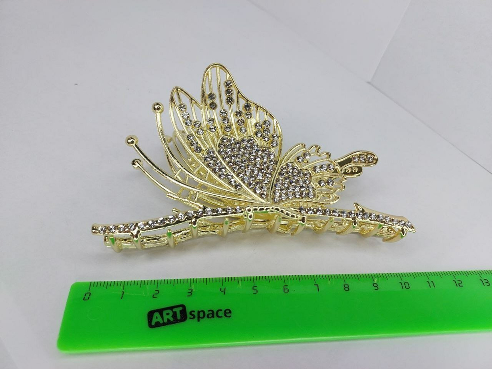 Заколка Краб "Бабочка" со стразами. Металл. Золото. Усиленная.Для волос.