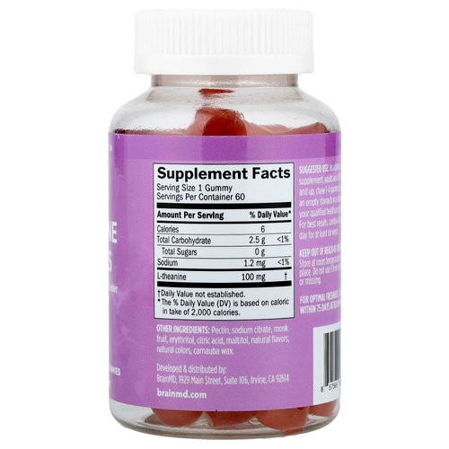 BrainMD, Жевательные мармеладки с L-теанином, ягодные, 60 веганских жевательных мармеладок (100 мг в 1 жевательной мармеладке)