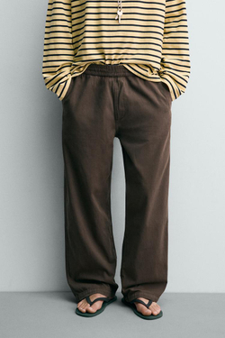 ZARA БРЮКИ RELAXED FIT В ЕЛОЧКУ, КОРИЧНЕВЫЙ