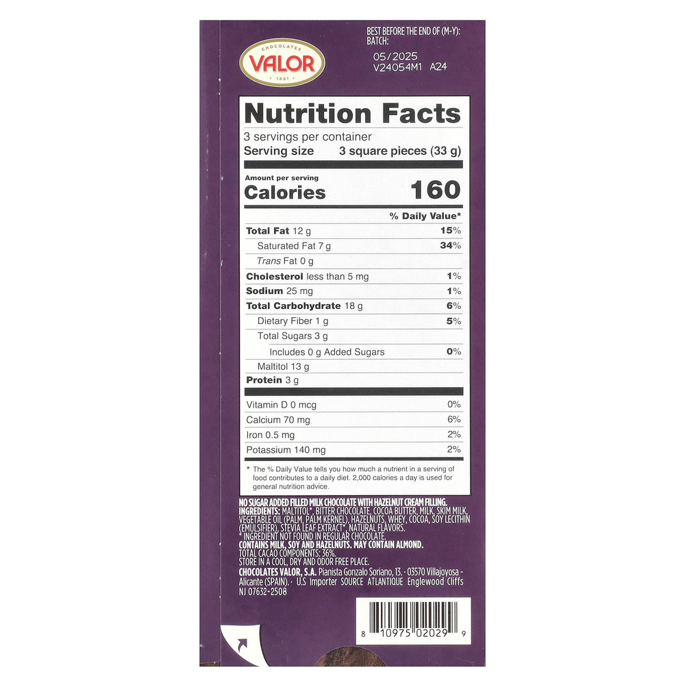 Valor, 0% сахара, сливочный молочный шоколад с кремовой начинкой из фундука, 100 г (3,5 унции)