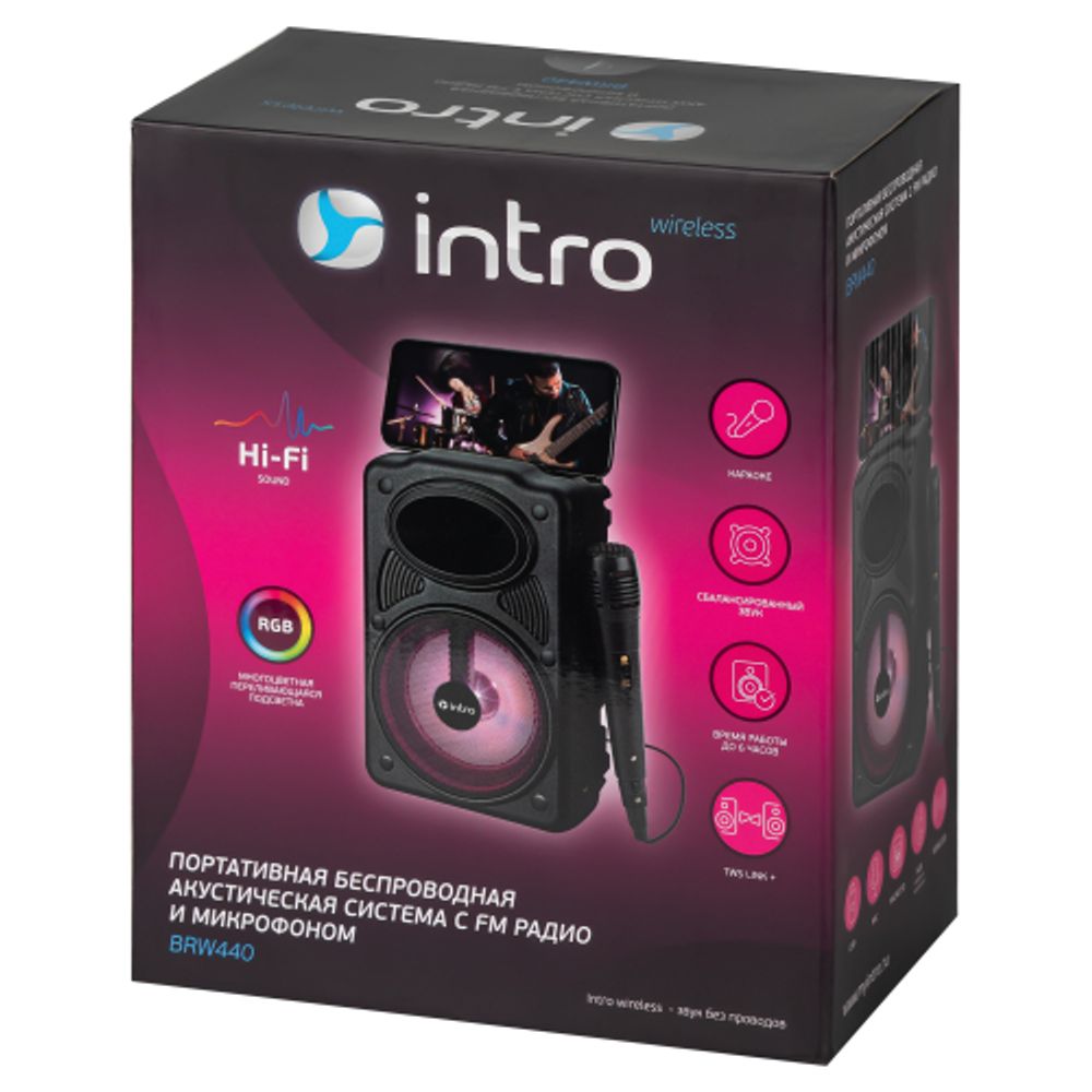 Портативная колонка Intro BRW440 bluetooth беспроводная с микрофоном акустическая черная