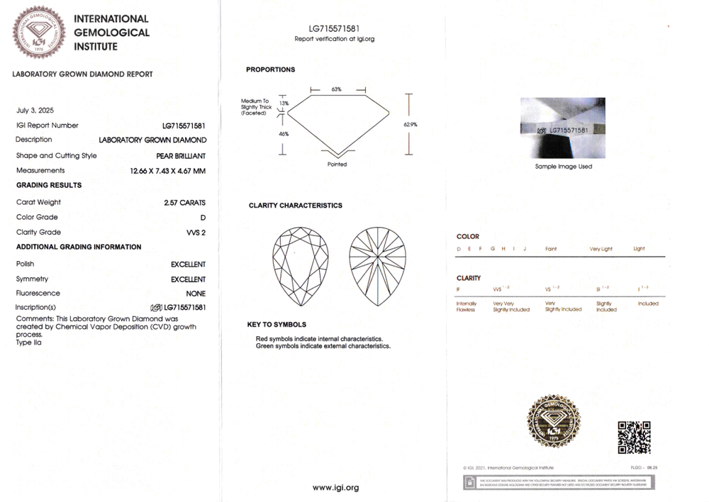 Лабораторно-выращенный бриллиант груша 12.66 х 7.43 х 4.67 мм D/VVS2 2.57 ct