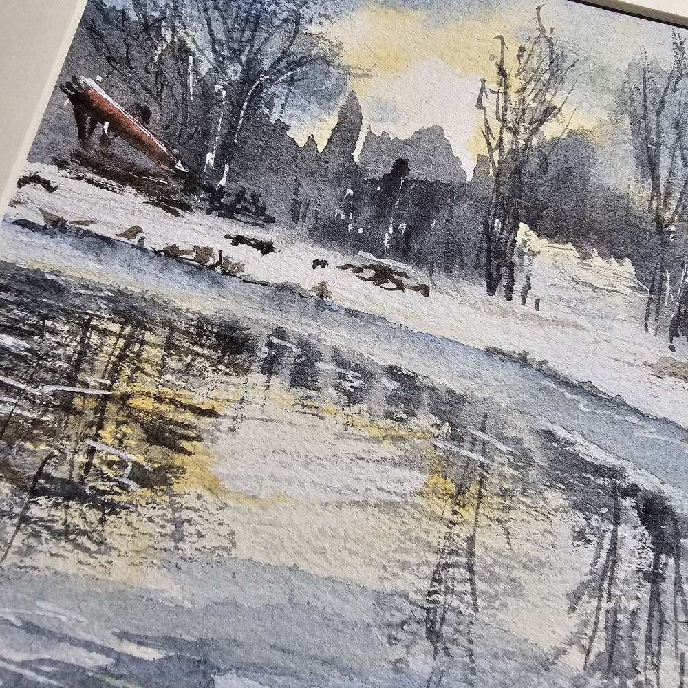 Картина акварельная авторская в паспарту 21х30 см на стену для интерьера "Зима в Веребково"