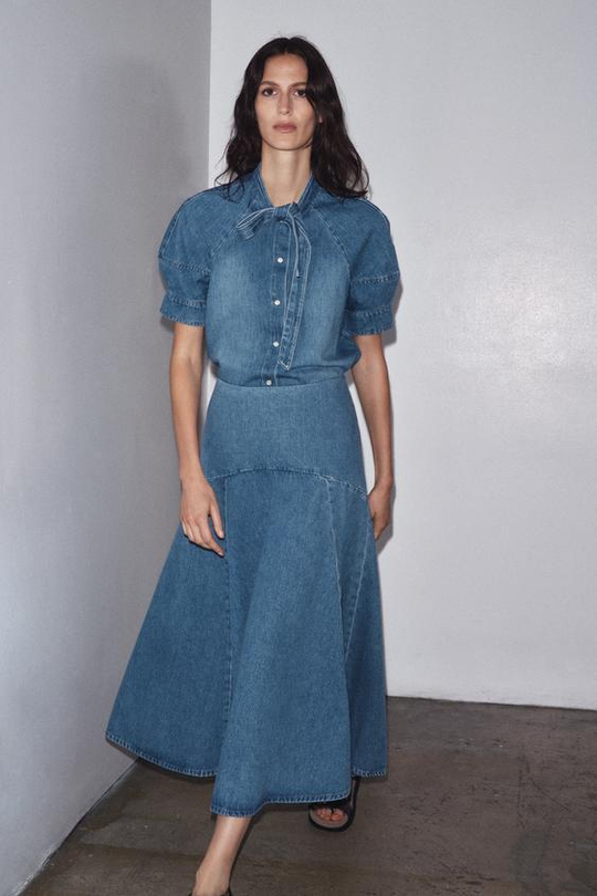 ZARA ДЖИНСОВАЯ ЮБКА-МИДИ ZW COLLECTION, ВЫЦВЕТШИЙ СИНИЙ