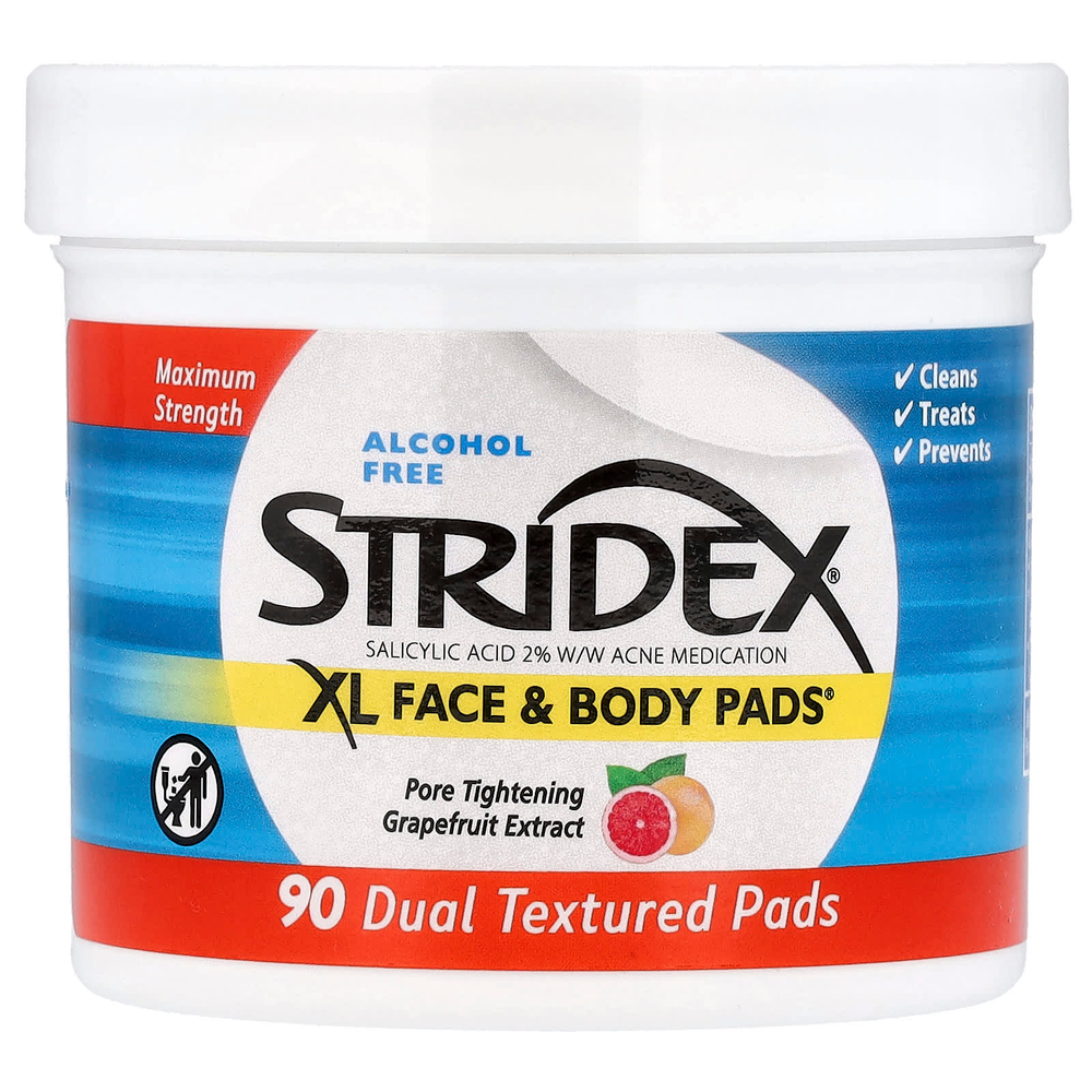 Stridex, XL Face & Body Pads™, без спирта, 90 подушечек с двойной текстурой