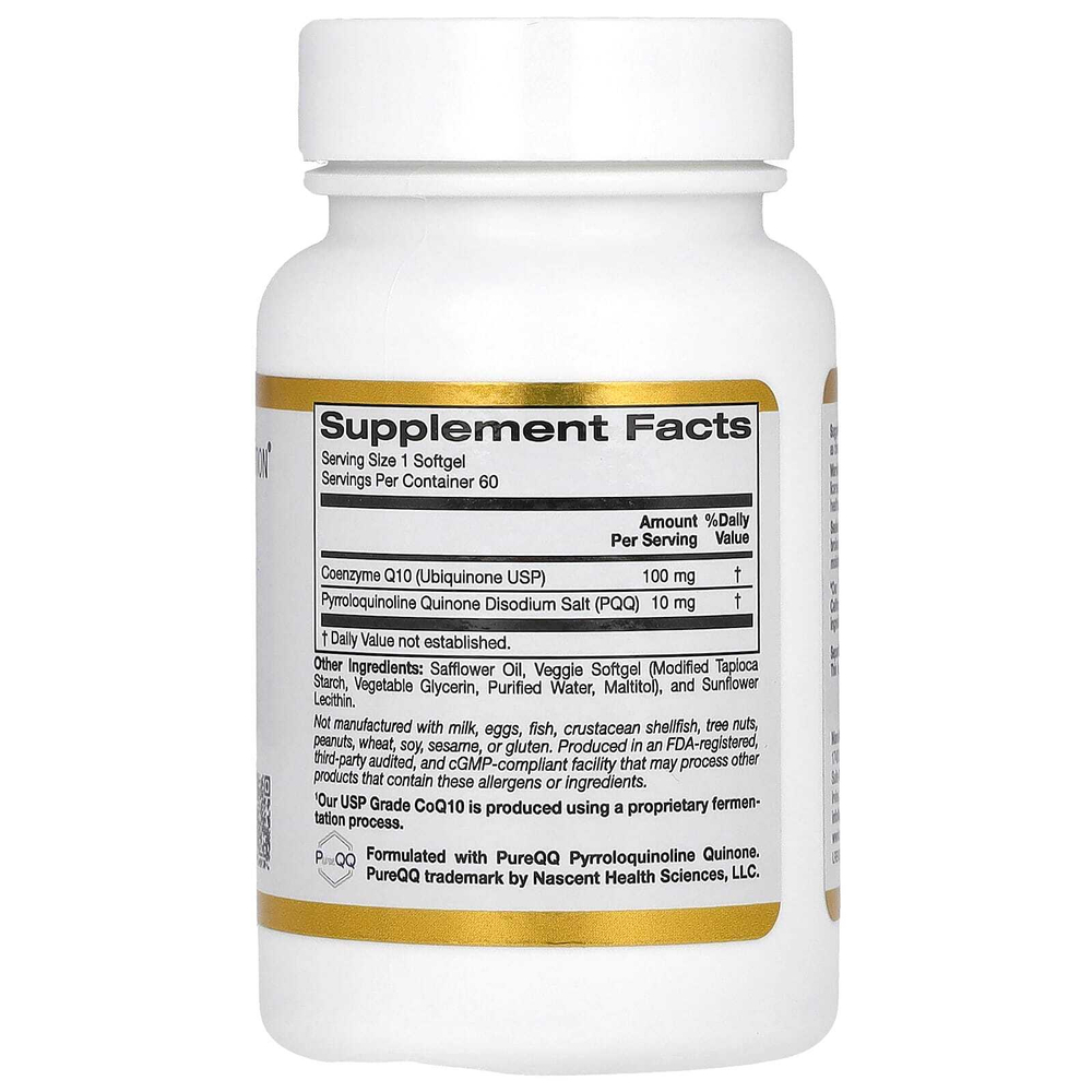 California Gold Nutrition, коэнзим Q10 с PQQ, убихинон класса USP, в растительных капсулах из тапиоки с подсолнечным лецитином, 100 мг, 60 растительных капсул