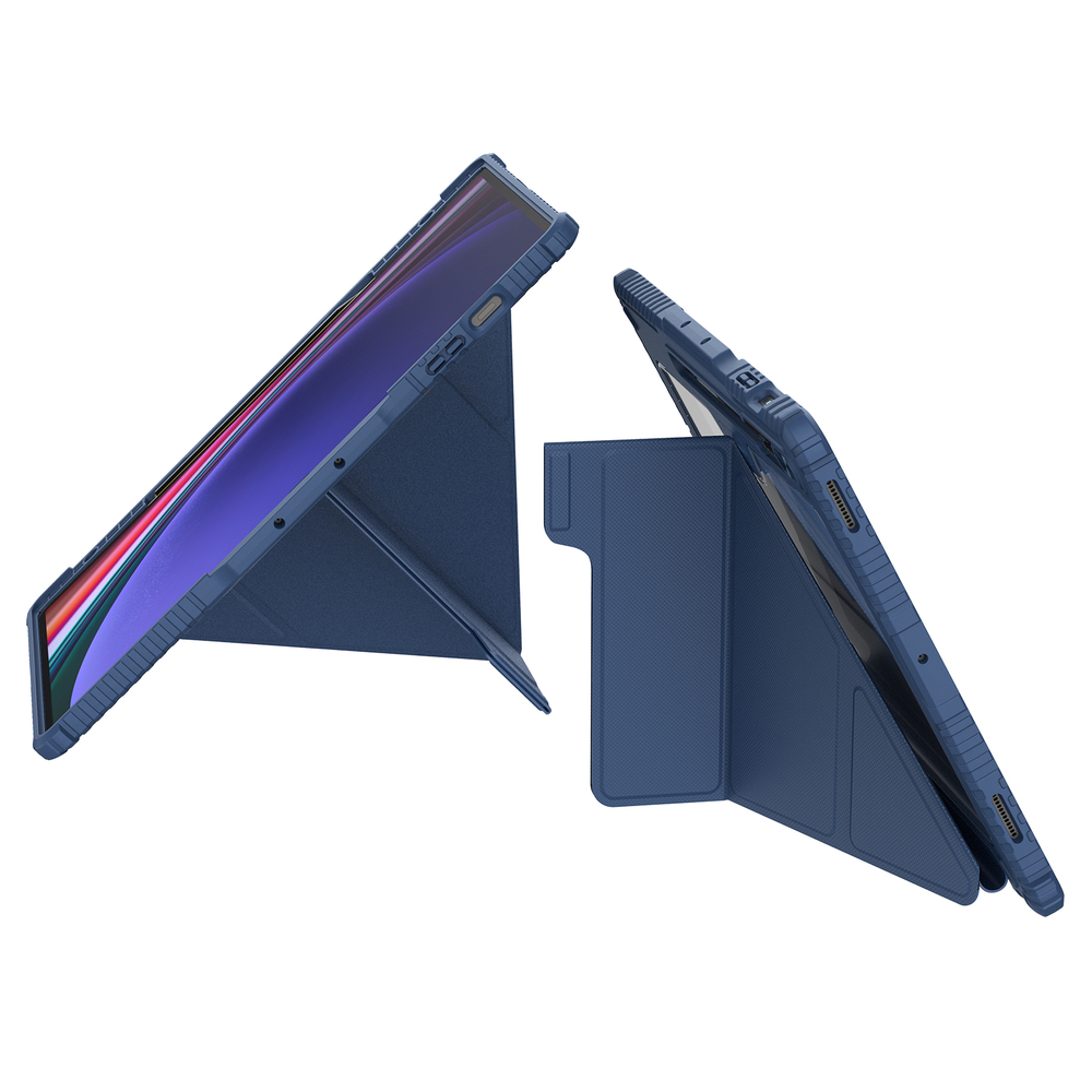Чехол книжка синего цвета от Nillkin для планшета Samsung Galaxy Tab S9 Ultra и Tab S10 Ultra, серия Bumper Pro Case-Multi Angle Folding Style, с защитной шторкой для камеры