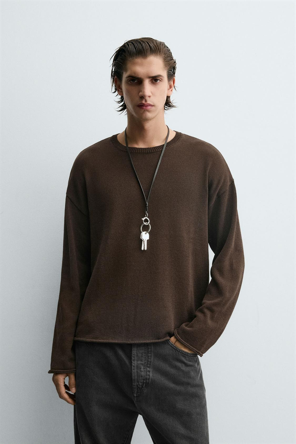 ZARA ТРИКОТАЖНЫЙ СВИТЕР С РЕЛЬЕФНОЙ ТЕКСТУРОЙ И ОТДЕЛКОЙ, КОРИЧНЕВЫЙ