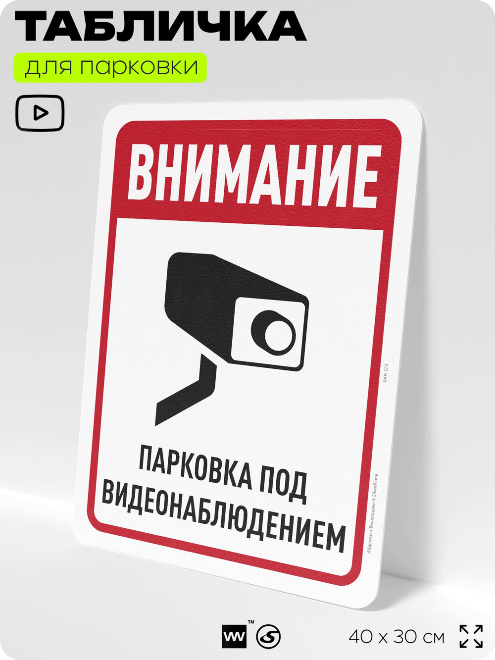 Табличка для парковки "Внимание, парковка под видеонаблюдением", для дома, офиса, организаций, 40х30 см, Silver Plane x Айдентика Технолоджи