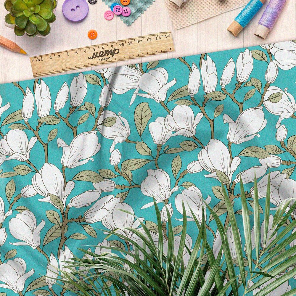 Ткань оксфорд 210 белые бутоны на бирюзовом фоне