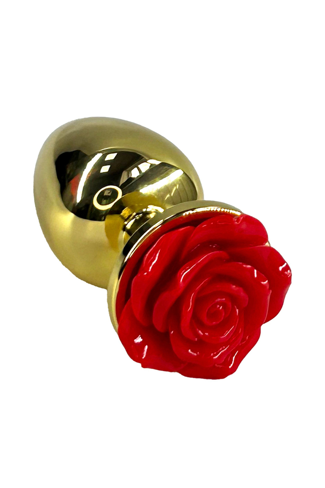 Золотая анальная пробка с ограничителем в форме красной розы (Large)