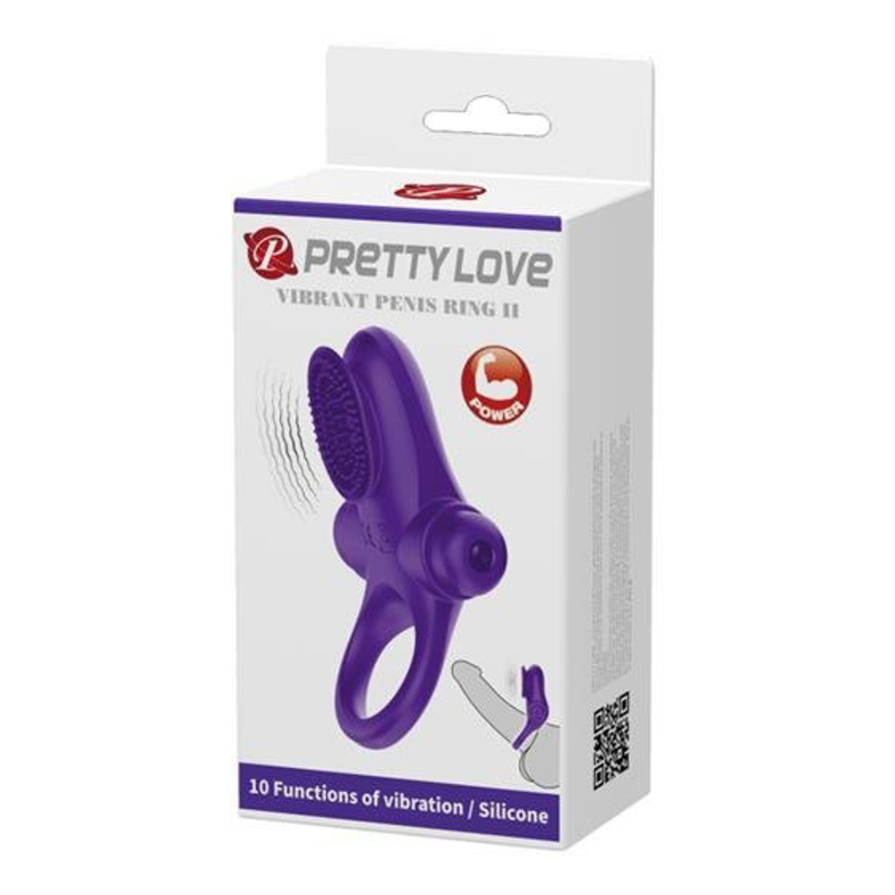 Фиолетовое эрекционное виброкольцо в клиторальной щеточкой Pretty Love Vibrant Penis Ring II BI-210205-1