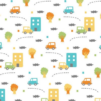 Buy baby fabric hand drawn cars houses white yellow