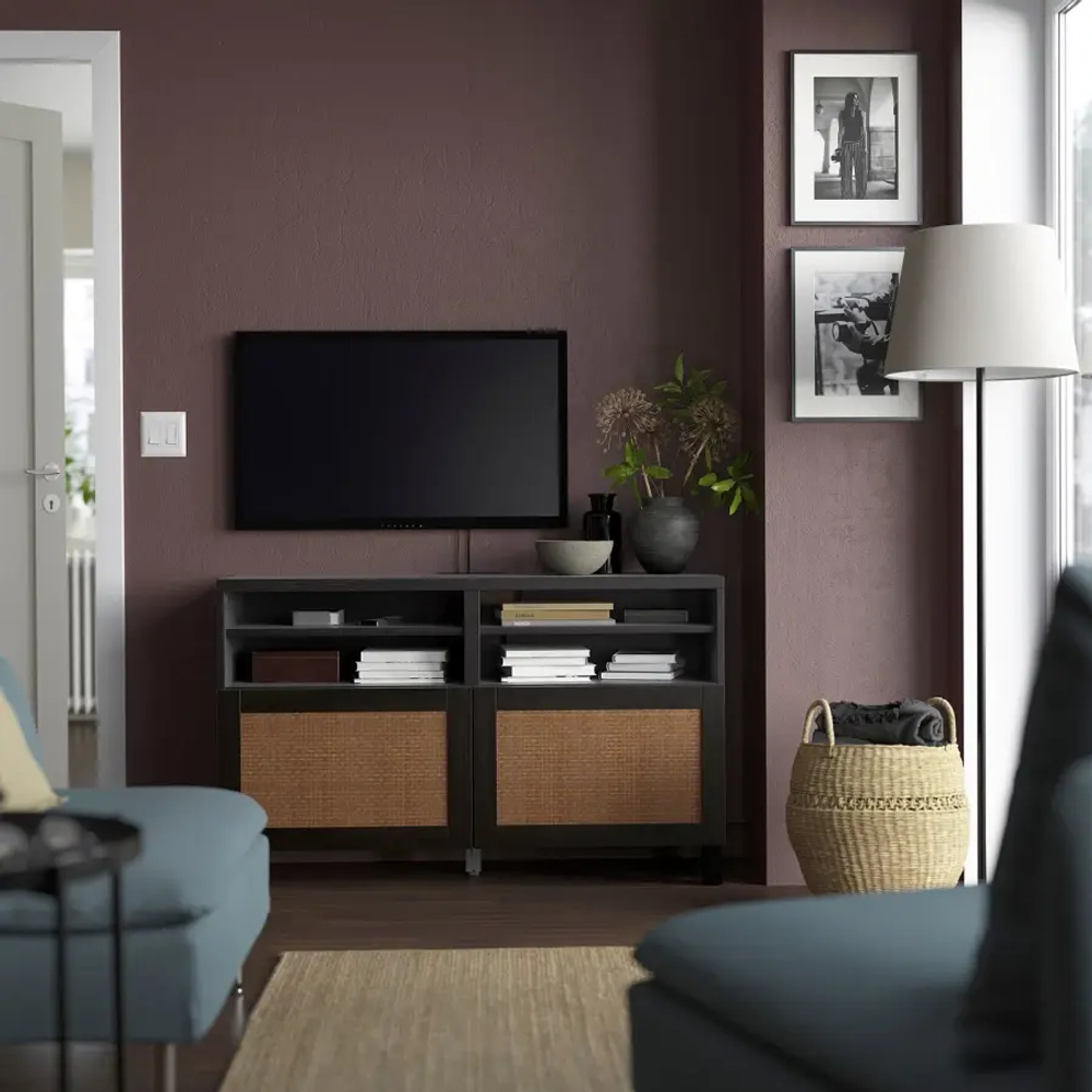 Тумба под ТВ с дверцами - IKEA BESTÅ/BESTA/БЕСТО ИКЕА, 42х74х120 см, черный/светло-коричневый