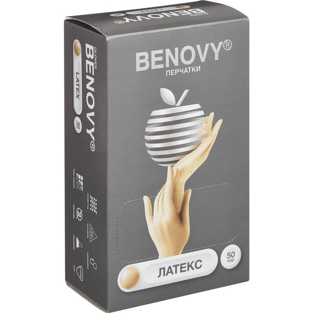 Перчатки BENOVY латекс. нестер. неопуд., натуральные р.М №50 ЧЗ